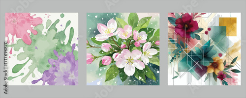 Vector art of watercolor floral triptych with soft hues