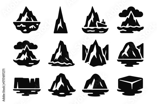 Iceberg sky among floating ice tall vector icon set wall cloudy