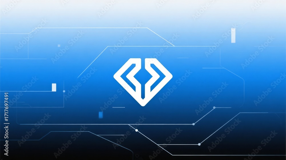 Fototapeta premium Sky-Blue Gradient with Clean White Data Lines and Geometric Diamond Emblem, Minimalist Corporate Identity in Monochrome Style