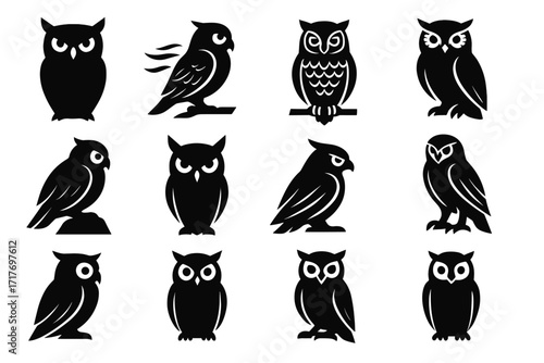 Grid wind classic mood resting sitting owl silhouette vector stoic icon