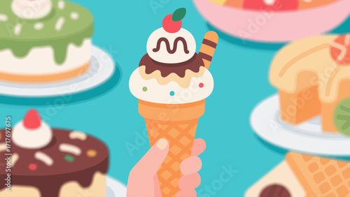 Ice cream desserts and delicacies, hand-drawn vector illustrations
