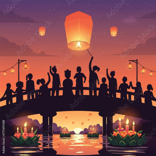 People on bridge releasing lanterns into the sky at sunset.