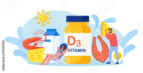 Vitamin D. Tiny people with fish, bottle of vitamins, cheese, milk, shrimp, eggs. Woman sunbathing and using food supplements for deficiency reduction. Wellbeing and health