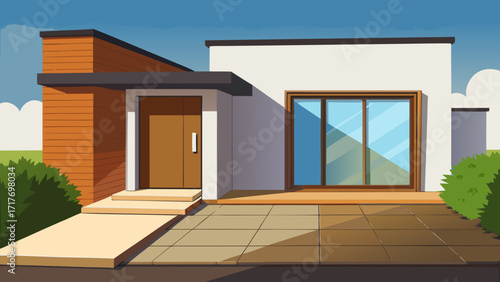Vector art of a modern singlestory house with a flat roof, a wooden door, and a large window, surrounded by green bushes and a blue sky with clouds