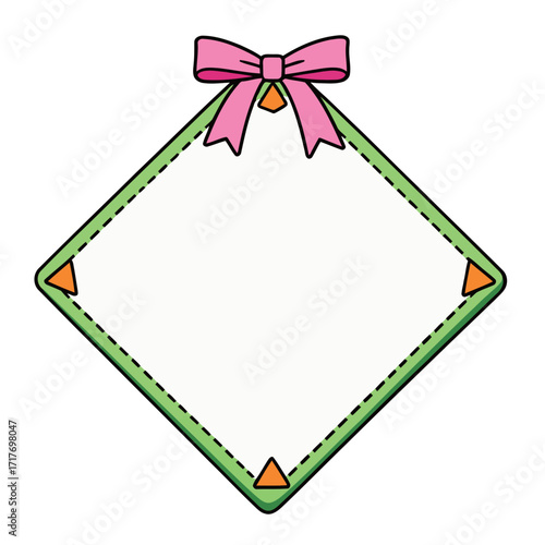 A colorful and playful doodle-style illustration of a diamond-shaped frame with a pink bow and geometric accents, ideal for a birthday party invitation, a gift tag, or a festive design.