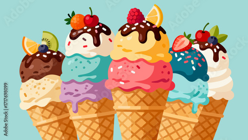 Ice cream desserts and delicacies, hand-drawn vector illustrations