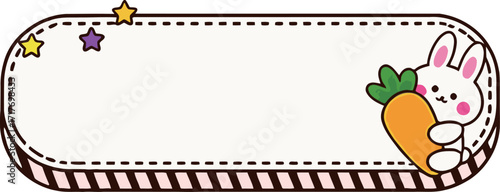 An adorable and charming doodle illustration of a rectangular banner featuring a small white rabbit holding a carrot, ideal for a spring-themed note, a kid's design, or a label.