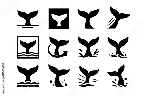 Whale tail circular silhouette vector motion icon lifting negative bubbles fluke breaching