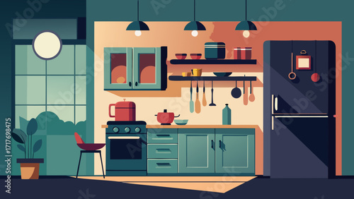 Vector art of a cozy kitchen interior with modern appliances, warm lighting, and a minimalist design, creating an inviting and functional space for cooking