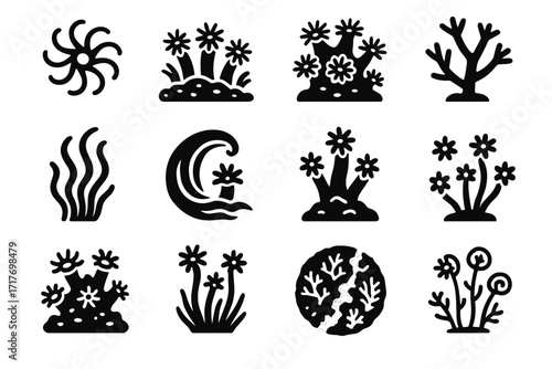 Spiraling living waving map line stylized polyp vector coral textured colony icon