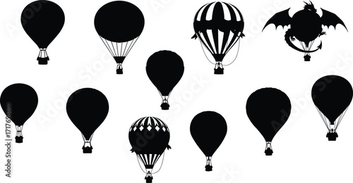 Hot air balloon silhouettes collection, flying festival vector design, unique aerostat shapes, sky adventure illustration, black travel icon art, tourism graphics