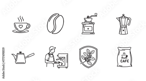 Hand drawn coffee icons featuring cup bean grinder moka pot kettle barista shield and bag silhouette