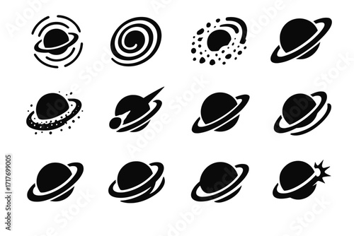 Rings planet tilted icon collision ring spinning spiral asymmetric comet dynamic vector