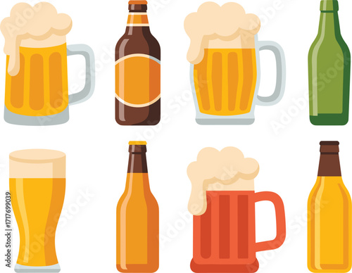 Collection of Beer Mugs and Bottles in Flat Design Style glass beverage