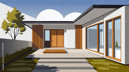 Vector art of modern house exterior with minimalist design, featuring clean lines, a flat roof, and large windows, showcasing contemporary architectural style