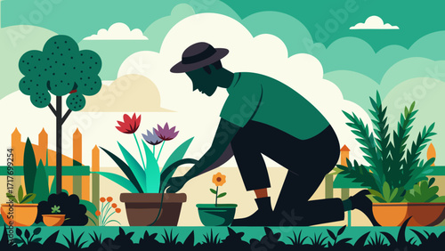 Vector art of a gardener tends to his garden with flowers, plants, and trees, creating a vibrant and tranquil outdoor space for relaxation and enjoyment