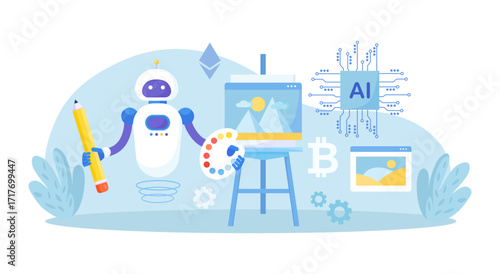 Robot painting creating artwork. Artificial intelligence generating stunning works of art. Robotic technologies in hobbies. AI artist standing and drawing picture with pencil