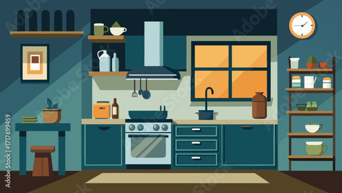 Vector art of a modern kitchen interior with a focus on functionality and style, featuring sleek appliances, ample storage, and a clean, organized space