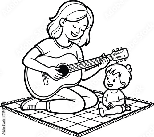 Happy mother playing acoustic guitar for her young child on a blanket outdoors illustration