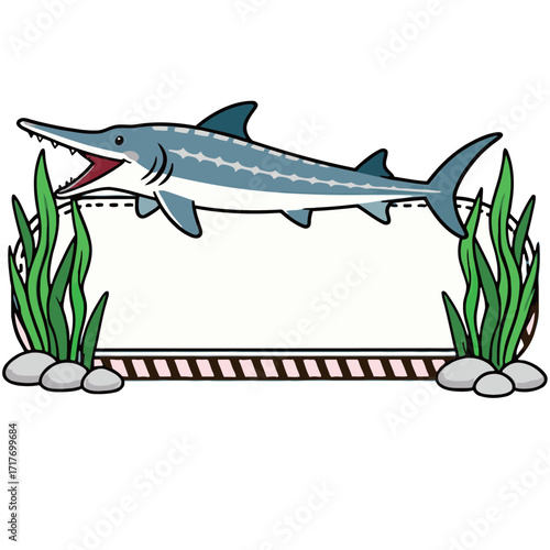 Cute cartoon illustration of a swordfish with a blank text box, seaweed, and stones, ideal for aquatic-themed projects and banners.