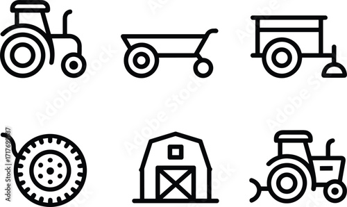 Farm Equipment Icons Including Tractors and Barn agriculture
