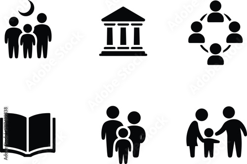 Family and Community Icons with Education and Civic Symbols people group