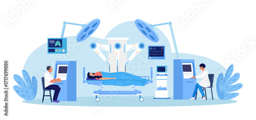 Robotic surgery. Surgeon controlling, manipulating robot arm. Innovative medicine. Medical staff performing operation on patient with help of robotic, automated equipment. Innovation surgical process