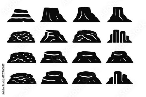 Volcanic icon basalt stone steep mesa vector lava ridges ancient icons jagged