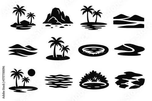 Textures growth vector lush sandbank palm icon distant oasis desert shady lowland