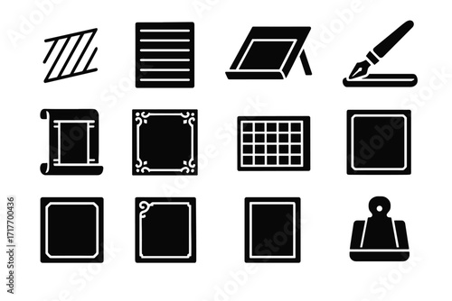 Icon writing template slanted illuminated vector bordered set ornament letter guidelines calligraphy