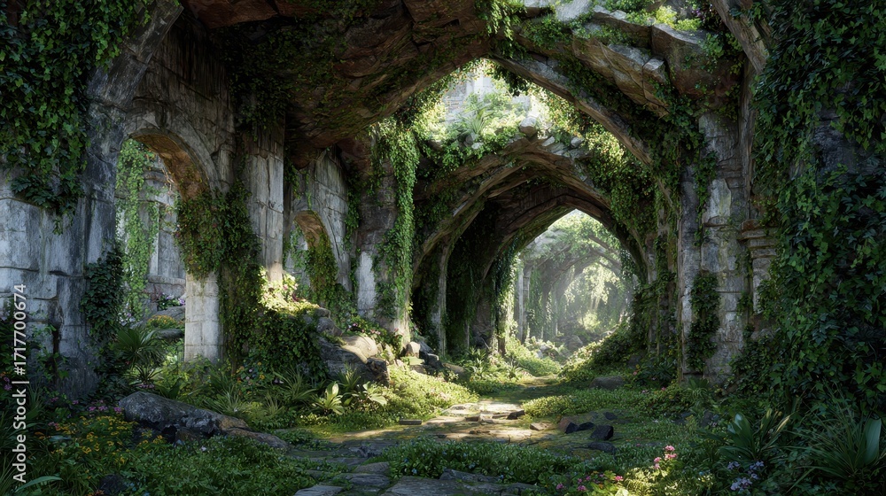 Naklejka premium Overgrown ancient cathedral ruins with stone arches and columns covered in lush green ivy and foliage.