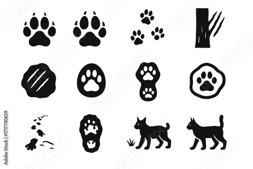 Side paw icons lynx track mud tree front posture vector icon