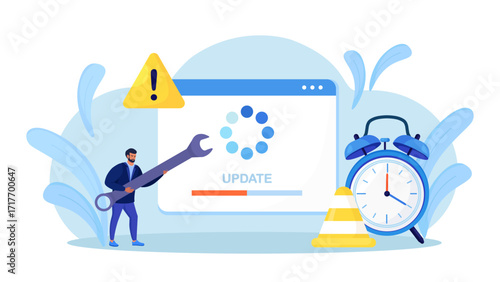 System Update. Tiny programmers upgrading operating system. IT specialists updating software, programs and applications. Technical error, service. Web page with updating progress bar and alarm clock