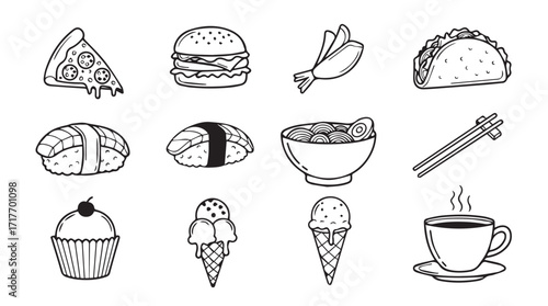 Hand drawn sketch icons of popular fast food and desserts collection silhouette