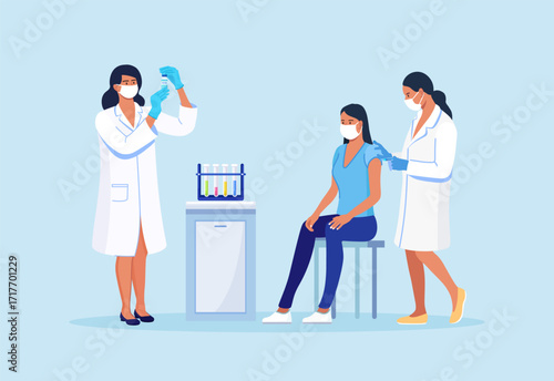 Medical doctor in protective facial mask, gloves injecting a patient, giving a coronavirus vaccine to woman. People vaccination for immunization against covid-19