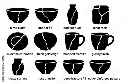 Kintsugi icon minimal vector fill matte collection crack finish edge mending join