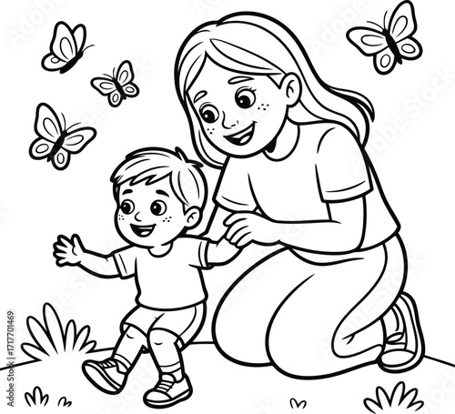 Joyful mother and child enjoying a beautiful day outdoors surrounded by fluttering butterflies in a simple line art illustration