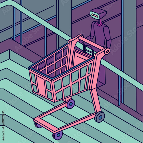 Robot pushing shopping cart in the store
