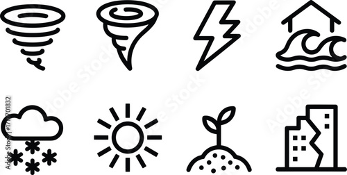 Natural Disaster and Weather Icons in Outline Style vector illustration