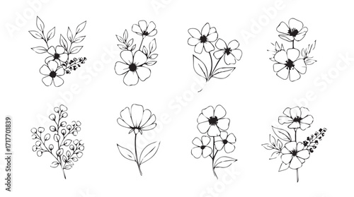 Delicate watercolor floral arrangements delicate hand-drawn botanical elements soft pastel colors isolated on white silhouette