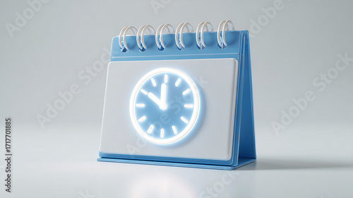 Isolated 3D calendar with glowing clock symbol, white background, concept of time management and productivity.