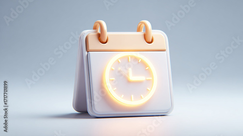 Isolated 3D calendar with glowing clock symbol, white background, concept of time management and productivity.