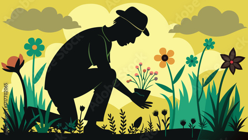 Vector art of a gardener is planting flowers in a garden with a yellow background, showcasing a silhouette of a man tending to his plants with care