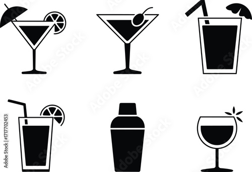 Six Black Silhouette Icons Of Cocktails And Shaker On White Background drink