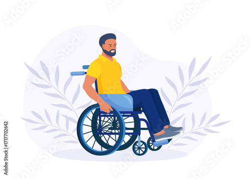 Disabled man sitting in wheelchair and hold wheel.  Young guy with disabilities. Disability concept