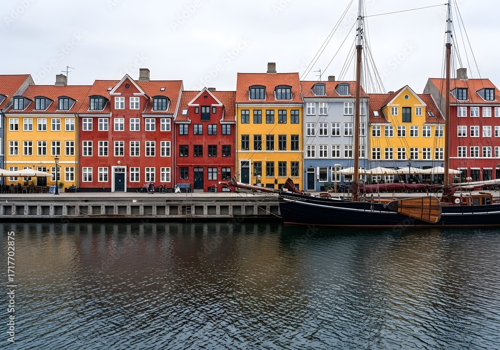 Obraz premium Colorful Historic Buildings Along Waterfront – Scenic Harbor Town View