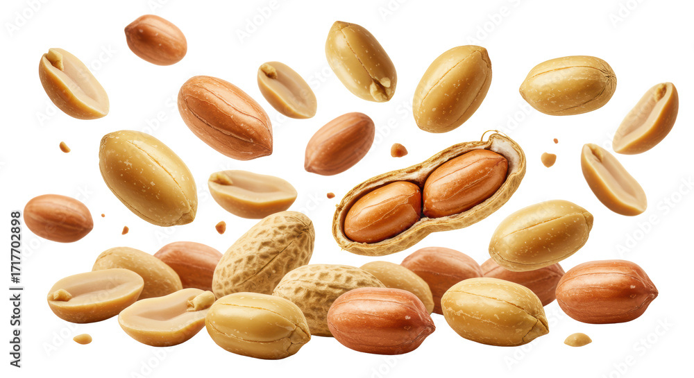 Obraz premium Roasted golden-brown peanuts, whole and split, dynamically scattered mid-air, intricate texture, crisp studio lighting on a transparent background with copy space, energetic commercial food concept