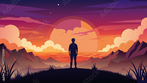 Vector art of a lone figure stands silhouetted against a vibrant sunset, gazing out at the horizon, with mountains and clouds creating a serene and inspiring scene