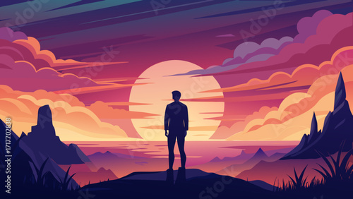 Vector art of a solitary man stands silhouetted against a breathtaking sunset, overlooking a serene landscape of mountains and clouds, evoking a sense of peace
