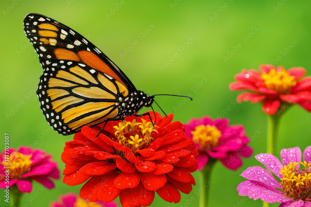Fototapeta premium AI-Generated image of a monarch butterfly perched delicately on a vibrant red zinnia flower covered with fresh dew drops.